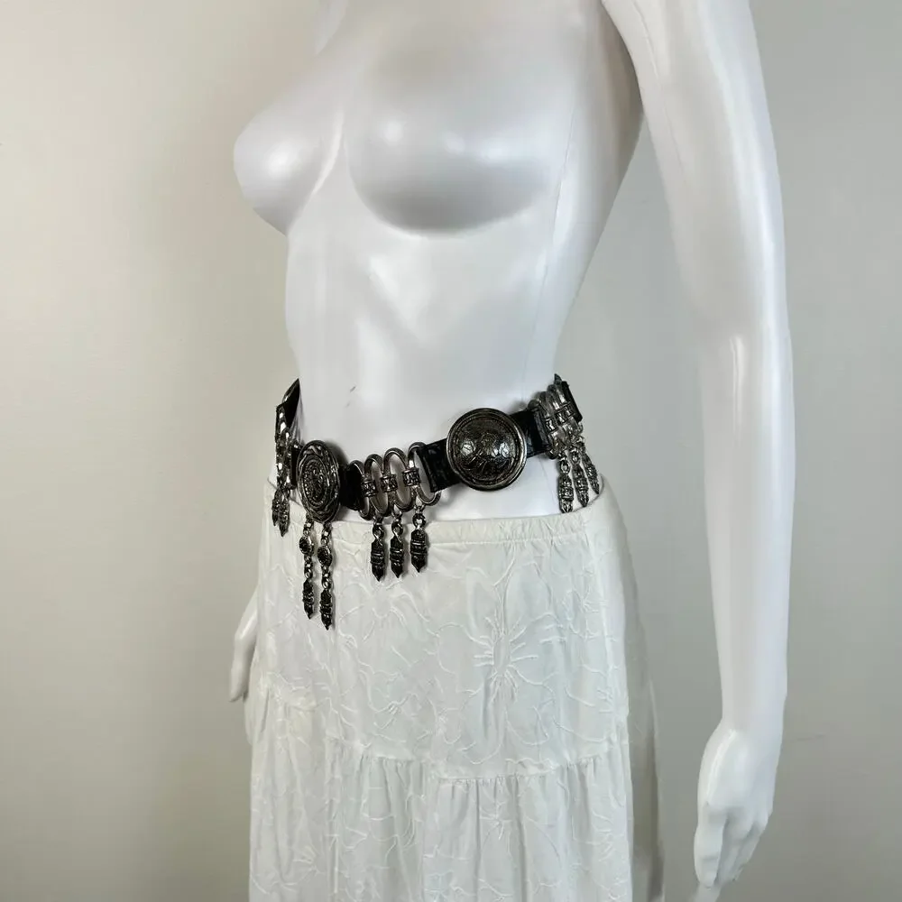 Vintage Women's Black & Silver Tone Medallion Hanging Charm Western Belt (XS/S)